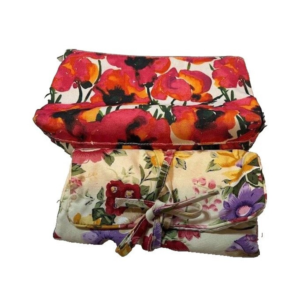 Clinique Pink Floral Cosmetic Case & Roll Up Jewelry Organizer Travel Set